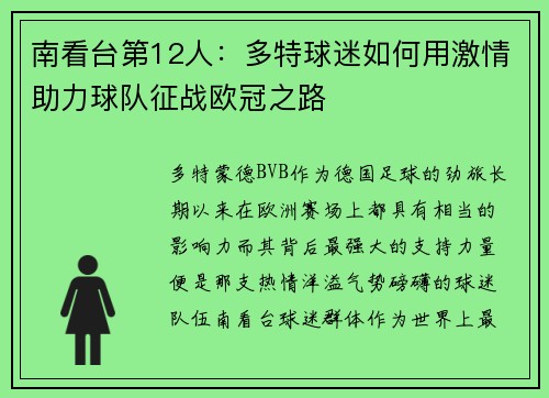 南看台第12人：多特球迷如何用激情助力球队征战欧冠之路