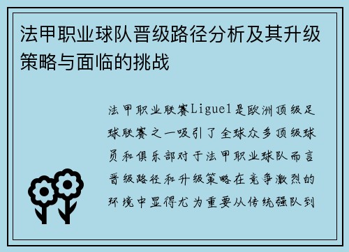 法甲职业球队晋级路径分析及其升级策略与面临的挑战