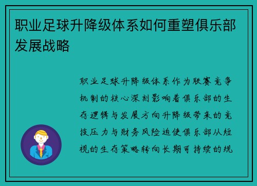 职业足球升降级体系如何重塑俱乐部发展战略